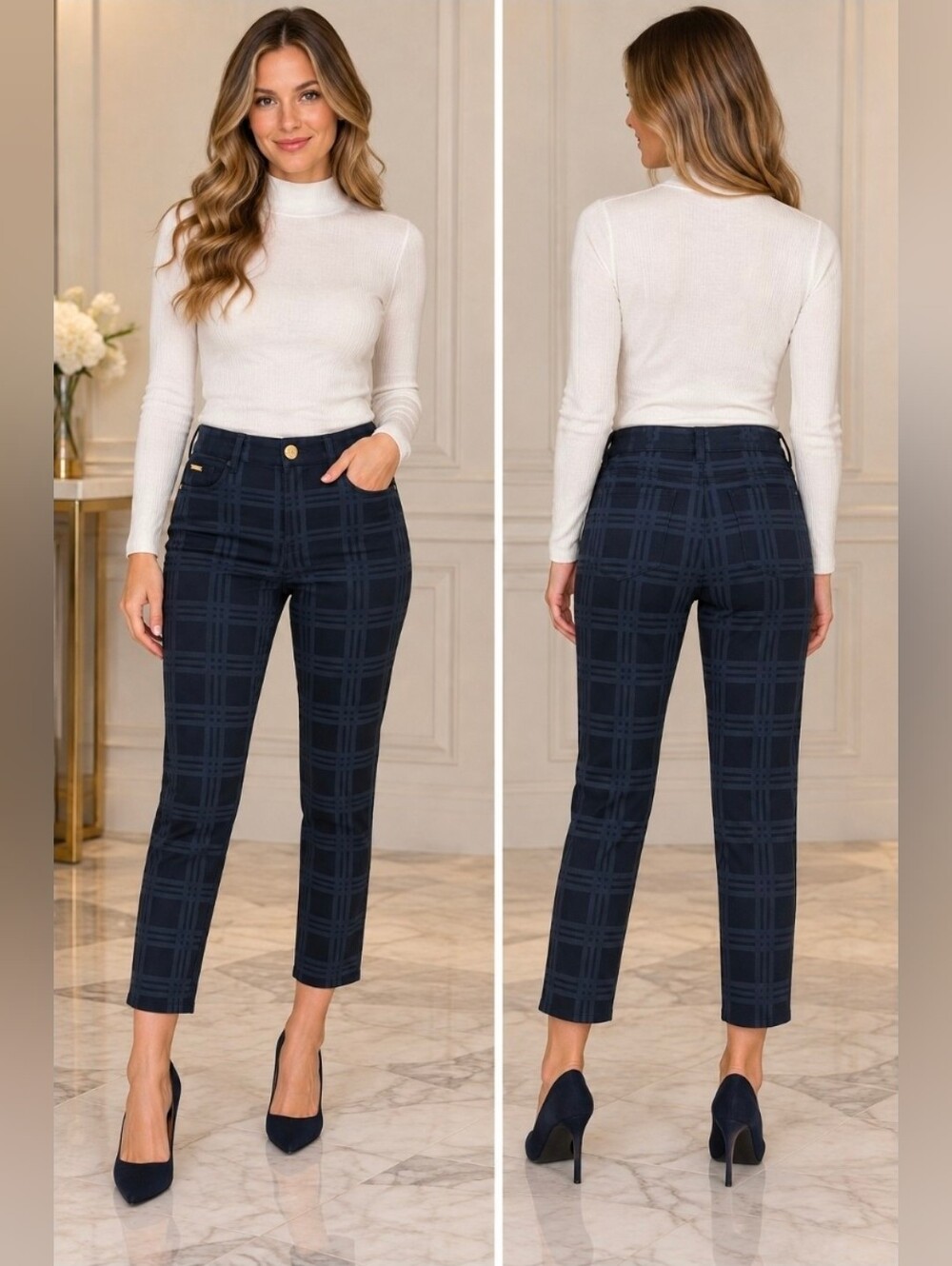 Women's Navy Plaid Stretch Dress Pants size 4